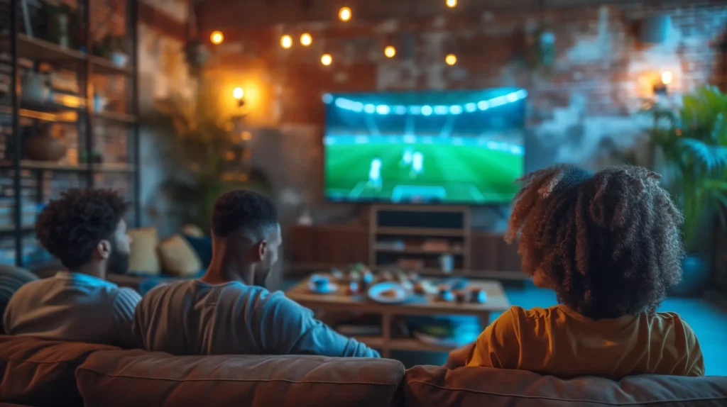 Group enjoying IPTV with smart features like AI, polls, and 4K content