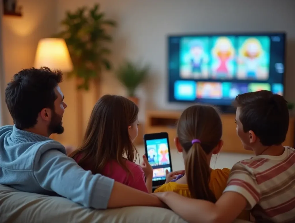 Family watching IPTV on multiple devices at home